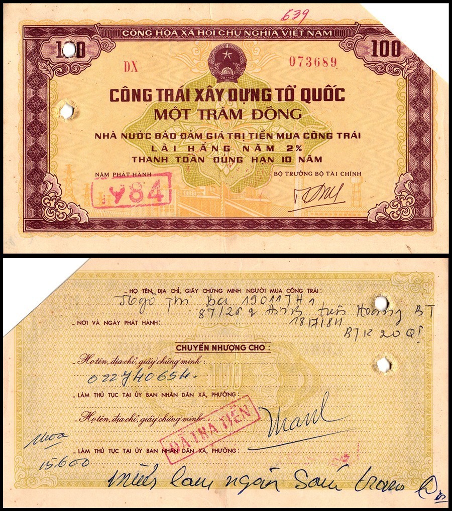 Vietnam 100 Dong Promissory Note, 1983-1985, Used, Construction Bond X 100 PCS