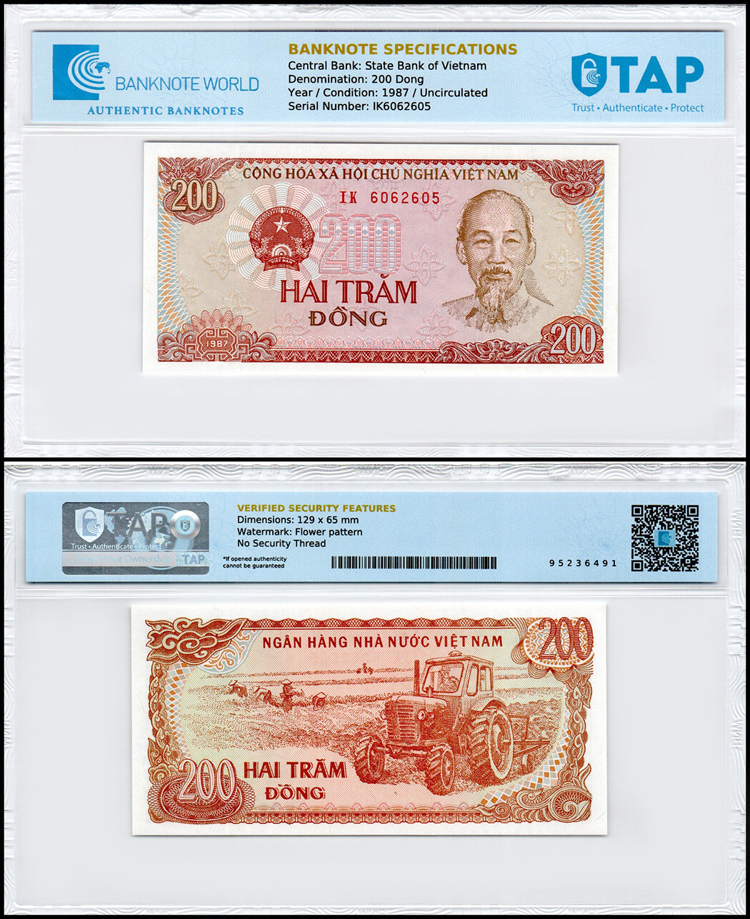 Vietnam 200 Dong, 1987, P-100a, UNC, Authenticated Banknote
