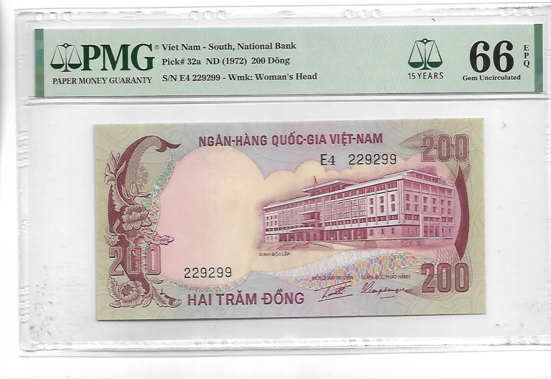 SOUTH VIETNAM 200 Dong 1972 Binary S/Number, P-32a, PMG 66 EPQ Gem UNC_LDP Shop.