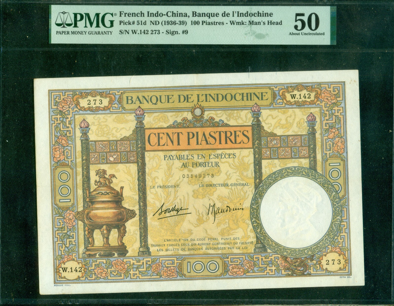 French Indochina 100 Piastres ND (1936-39) Pick 51d. PMG 50