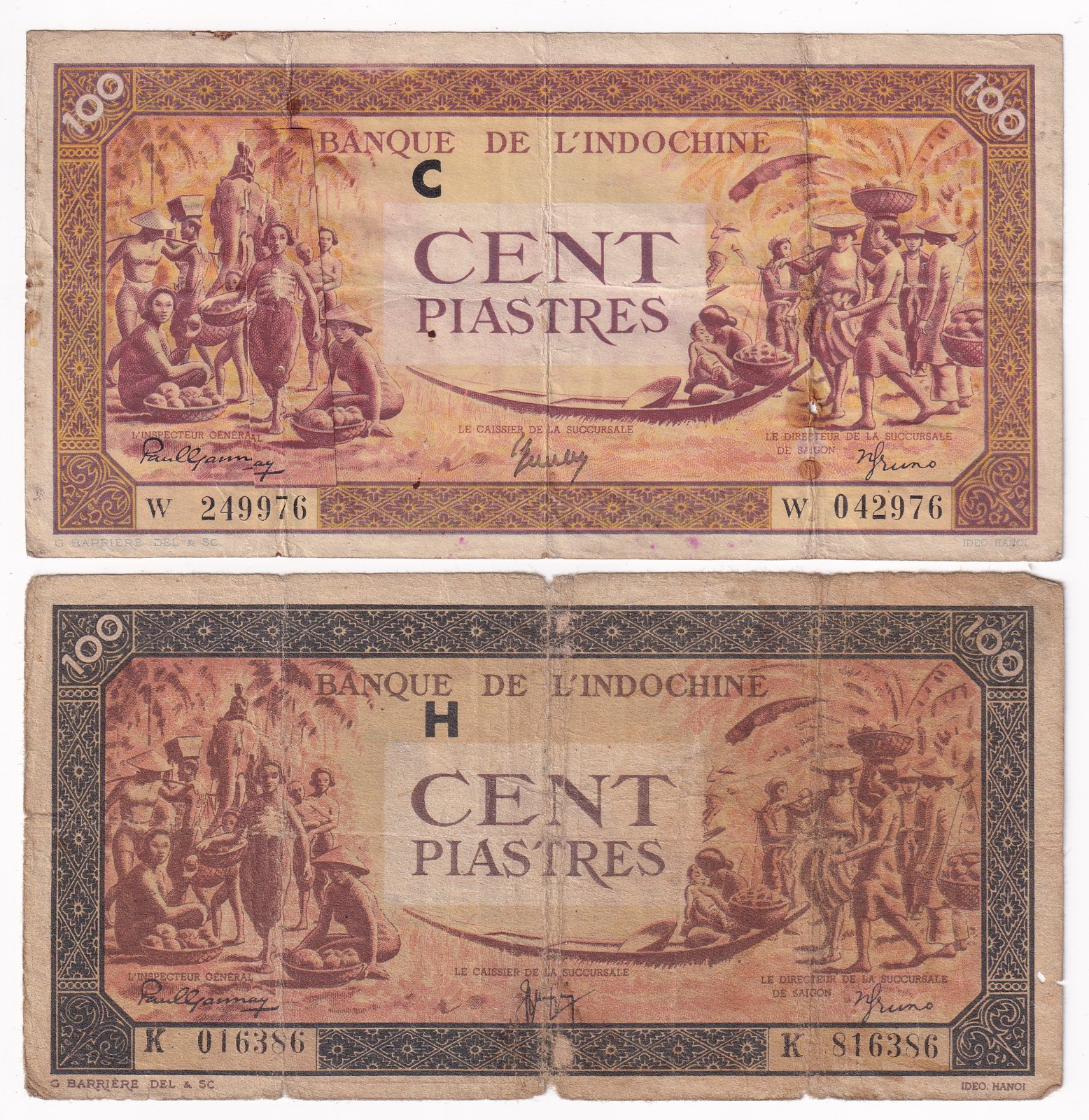 French Indochina 1942. 100 Piastres Lot of 2 Notes Different Colors Low grade.