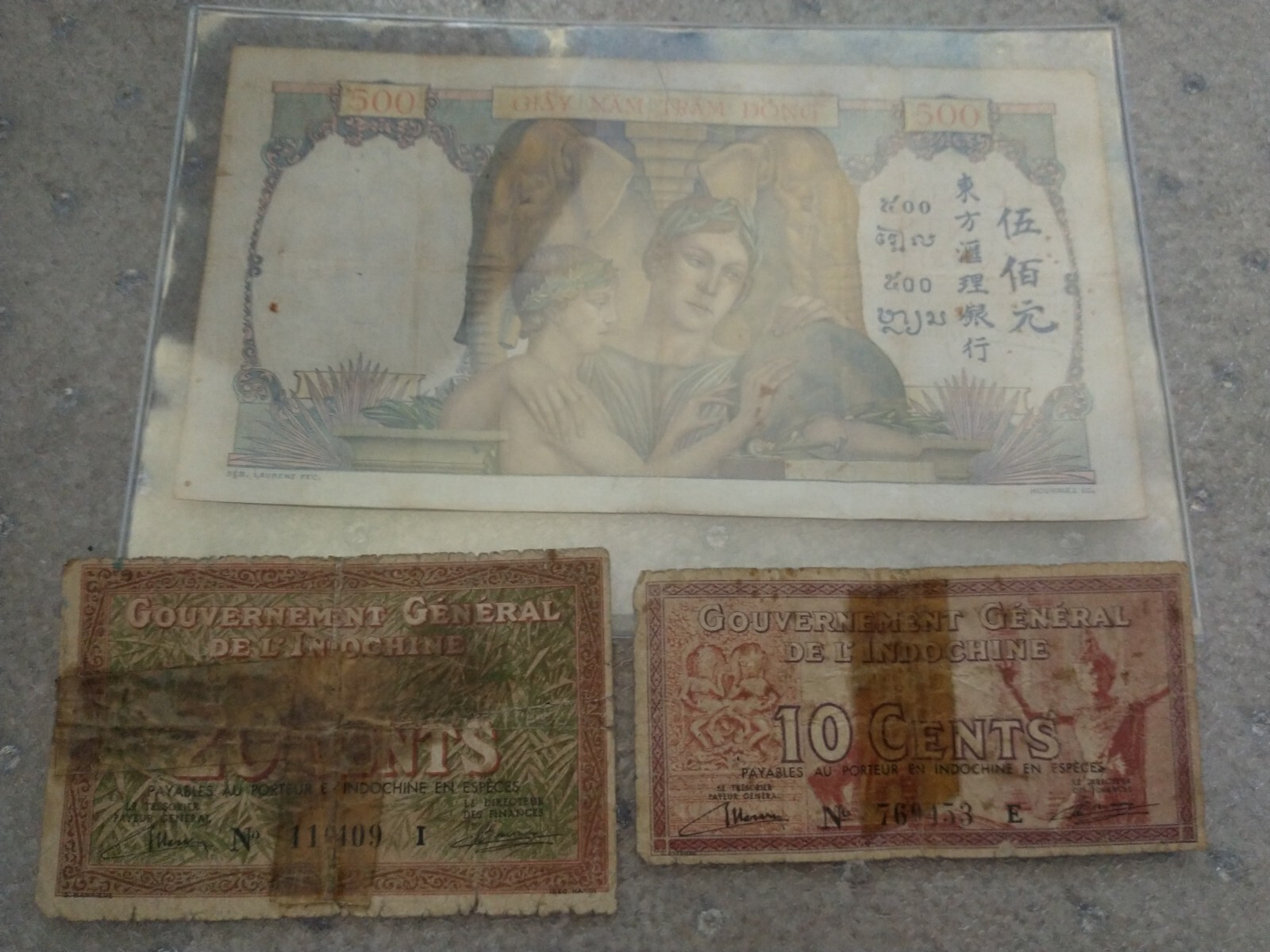 French Indochina 10 20 Cents 500 Francs 1939 WWII Tear Vietnam Laos Cambodia