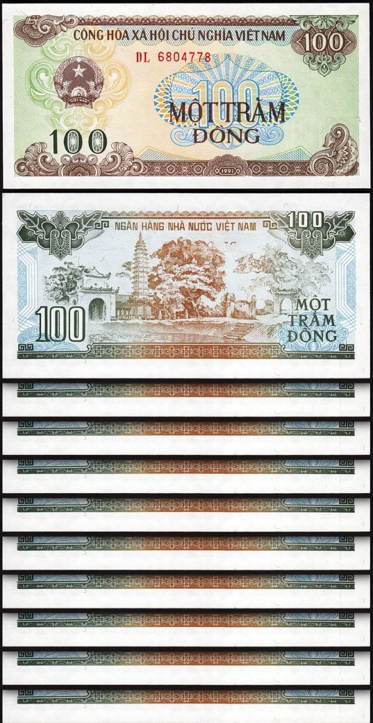 Vietnam 100 Dong 1991 – 1992, UNC, 10 Pcs LOT, P-105a