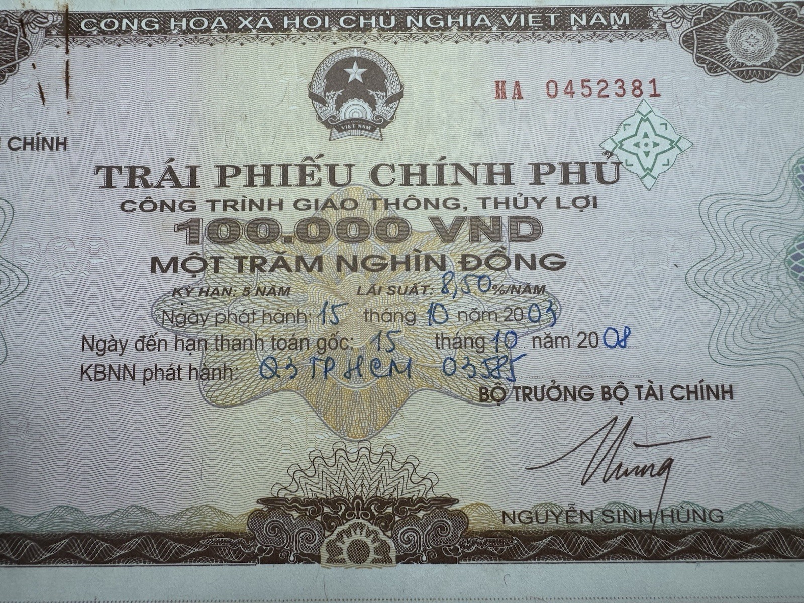 100,000 Dong Goverment Cheque 2003 Rare_LDP Shop.