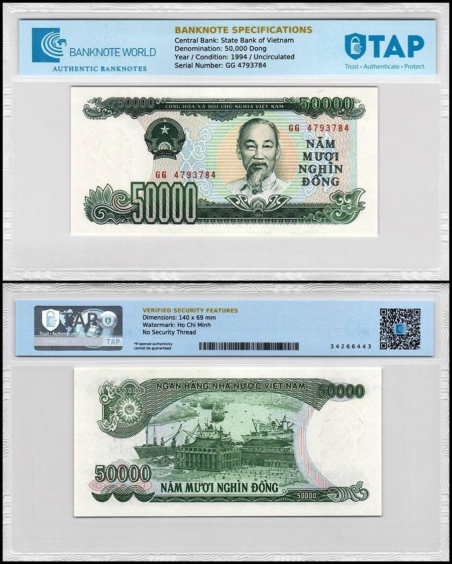 Vietnam 50000 Dong, 1994, P-116, UNC, TAP Authenticated