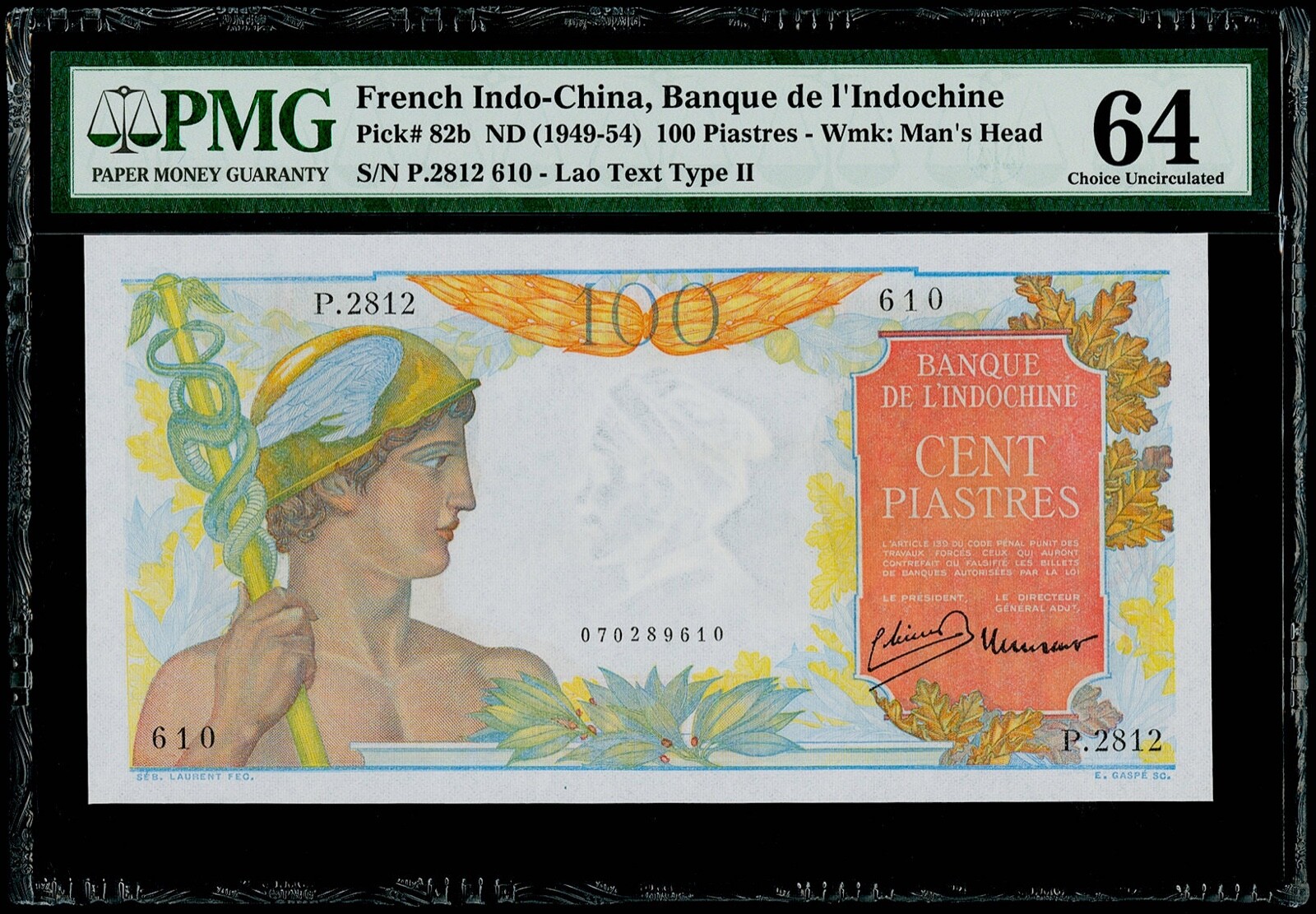 100 Piastres ND (1949-54) Pick# 82b Banque De L’Indochine PMG 64 Choice UNC