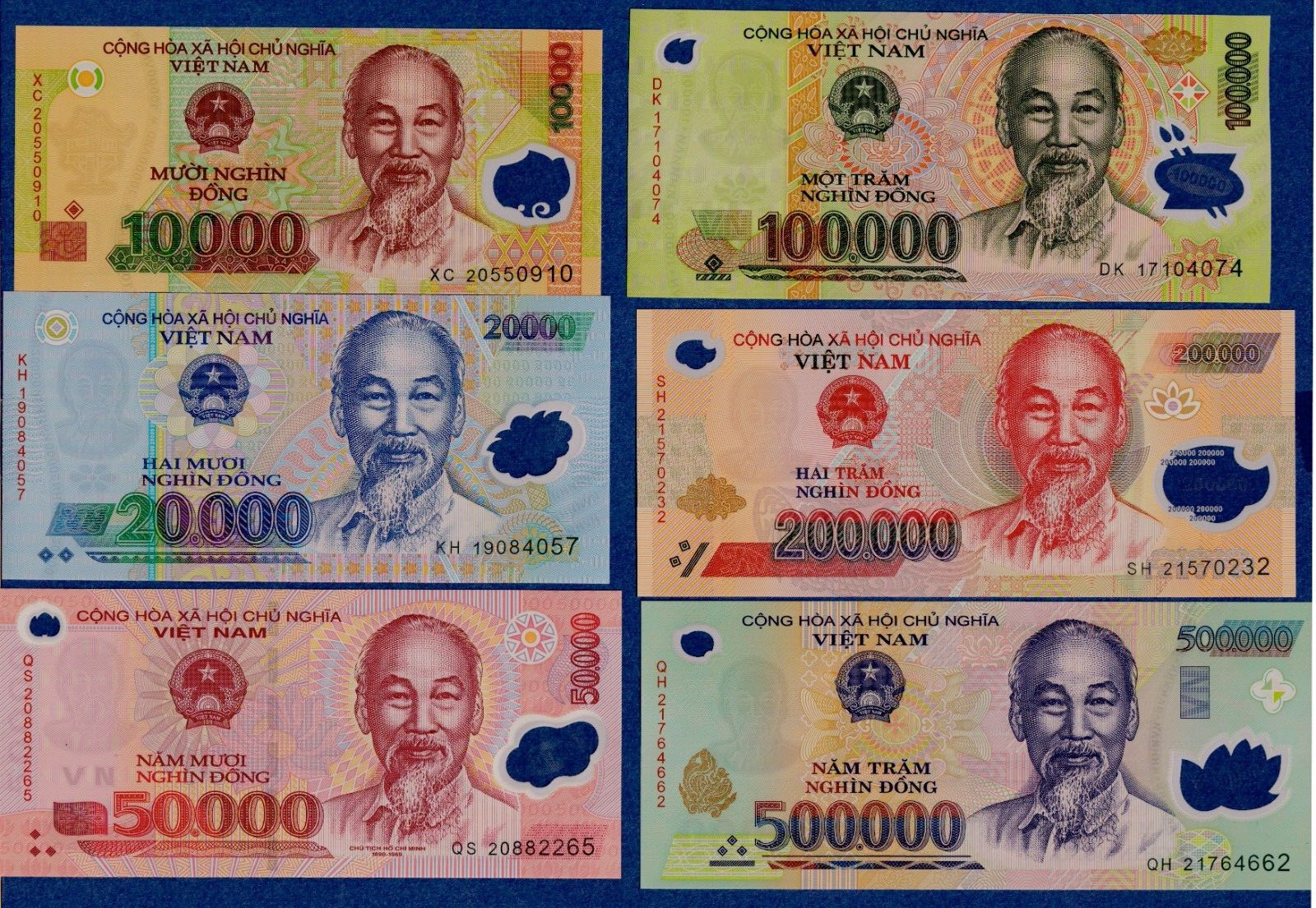 Vietnam Set of 6 Polymer Notes 10,000 to 500,000 Dong (880K DONG/Various Years )
