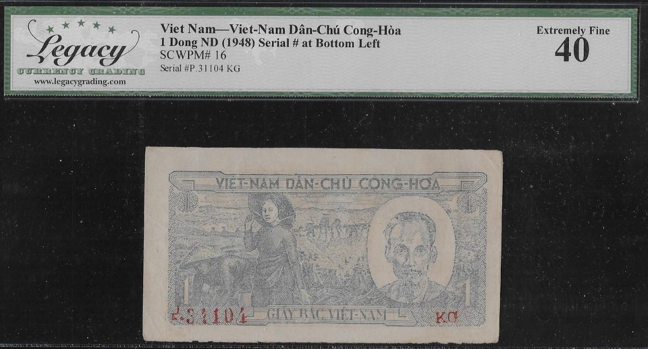 Vietnam P-16 1 Dong 1948 Serial # at Bottom Left LCG 40