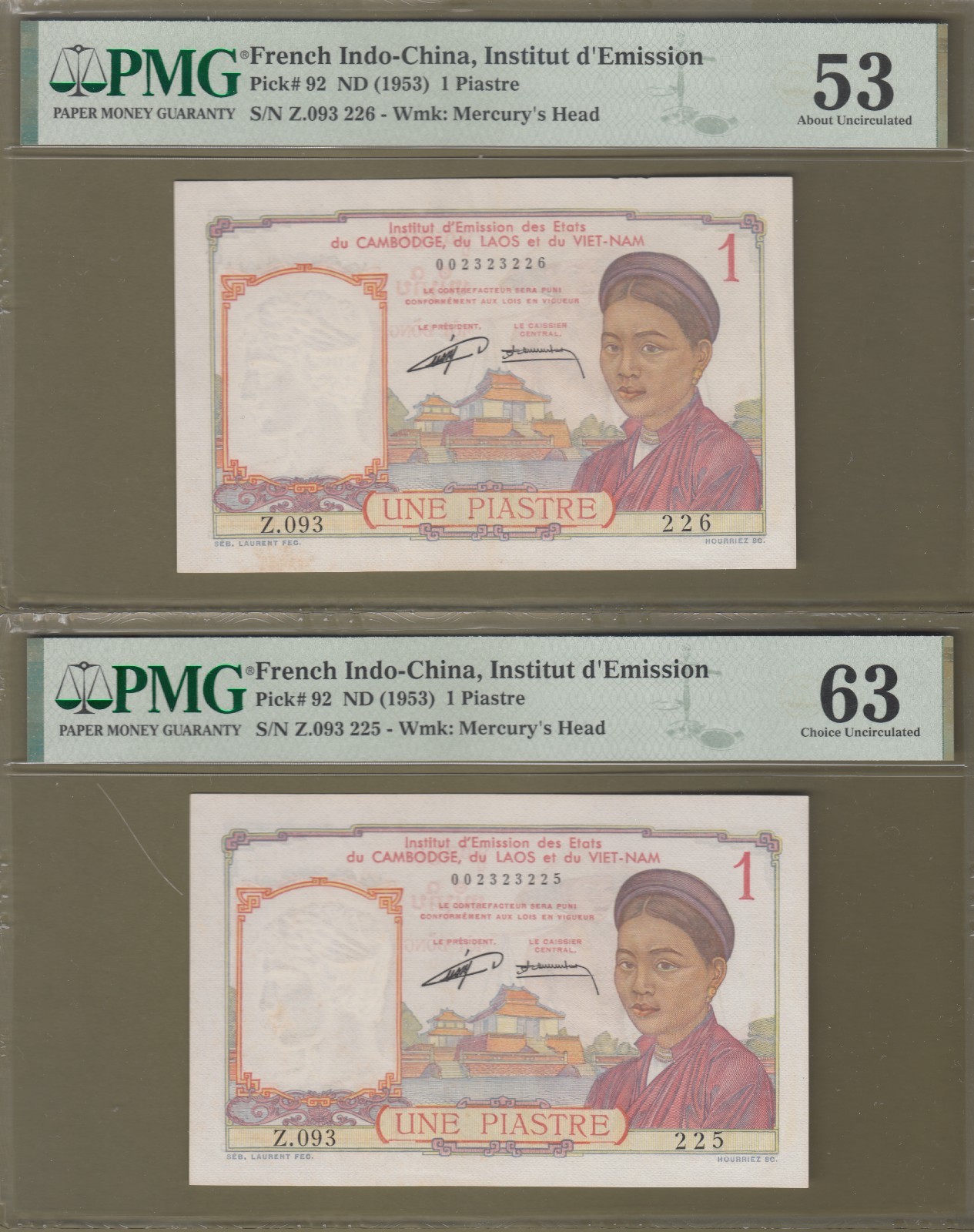 French Indochina/Vietnam 1953 PMG Certified 1 Piastre Consecutive Pair P# 92.