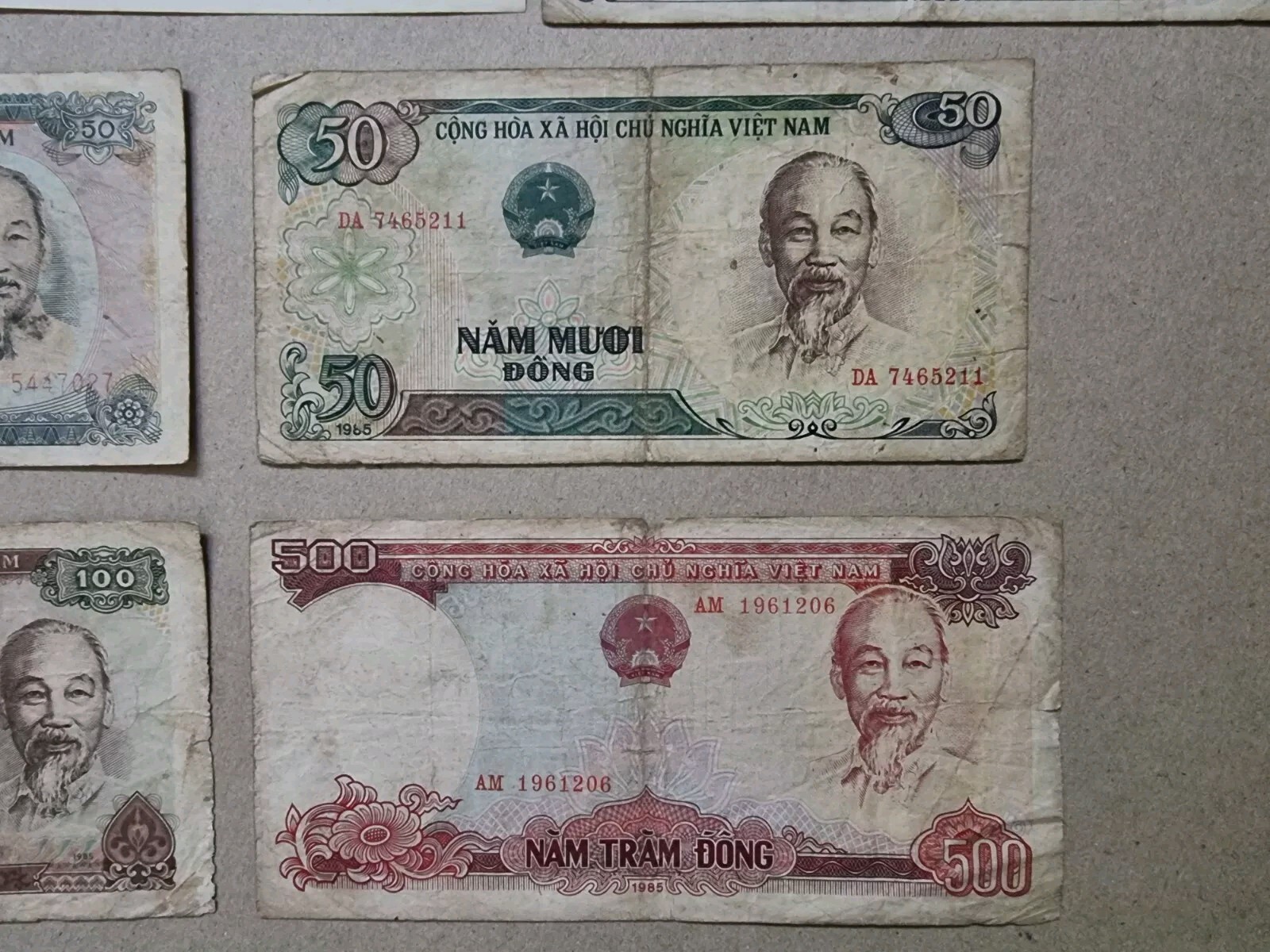 1985 Vietnam 1, 2, 5, 10, 20, 30, 50, 50, 100 & 500 Dong 10 Banknotes Set