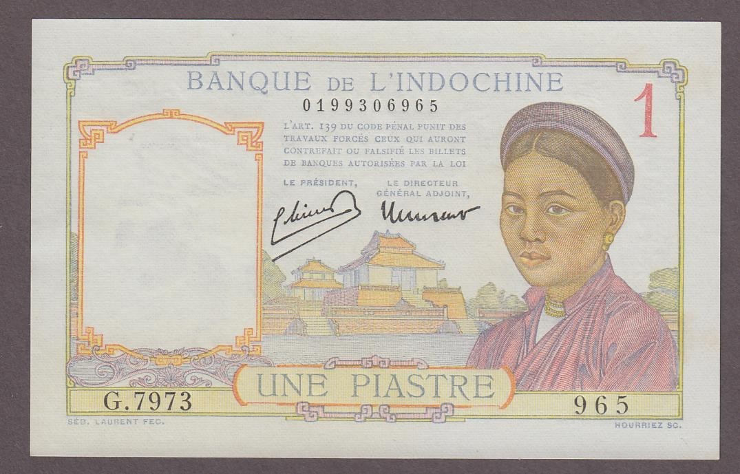 French Indochina 1 Piastre Banknote P-54c ND (1932-49) AUNC