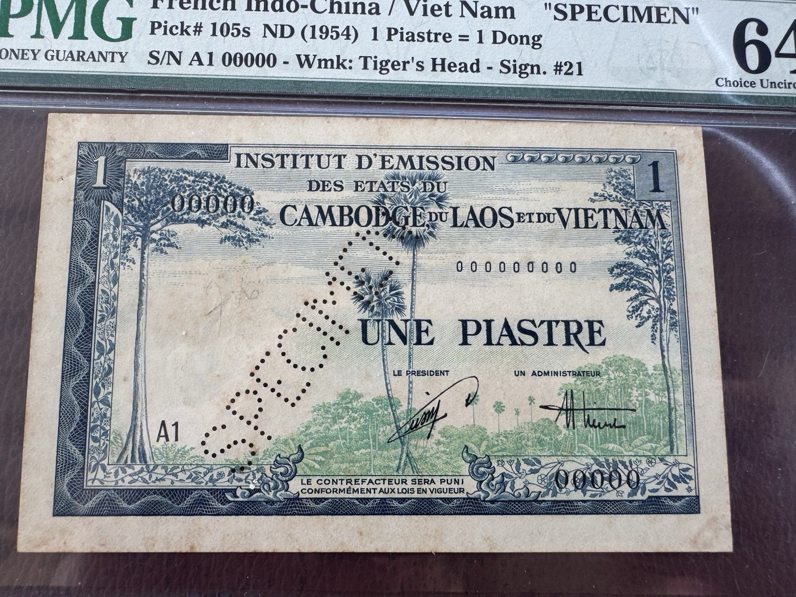 French Indochina 1 Piastre = 1 Dong Specimen Note P-105s ND (1954) PMG 64 Net