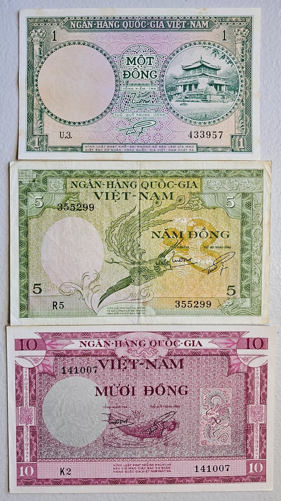 South Vietnam 1956 Set of 3, 1 to 10 Dong