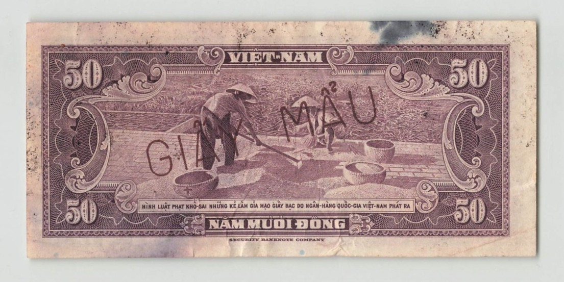 SOUTH VIETNAM 50 Dong 1956, P-7s SPECIMEN, Original VF w/ stains and usage, rare