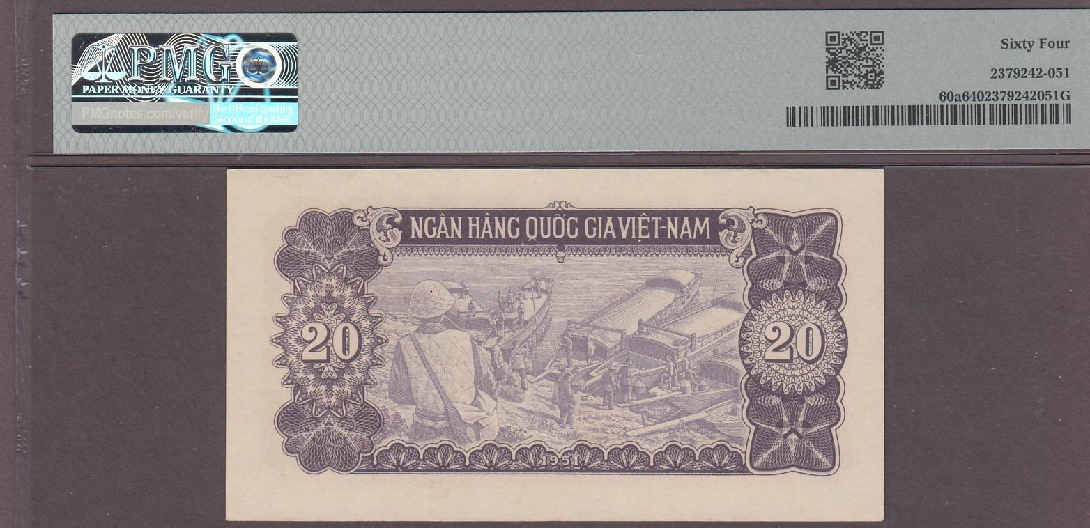 Viet Nam, National Bank 20 Dong Banknote P-60a ND (1951) PMG 64