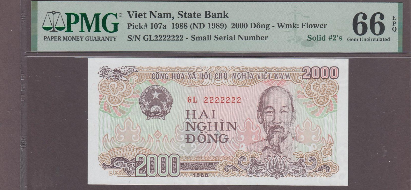 Viet Nam, State Bank 2000 Dong Note P-107a 1988 (ND 1989) PMG 66EPQ Solid #2’s