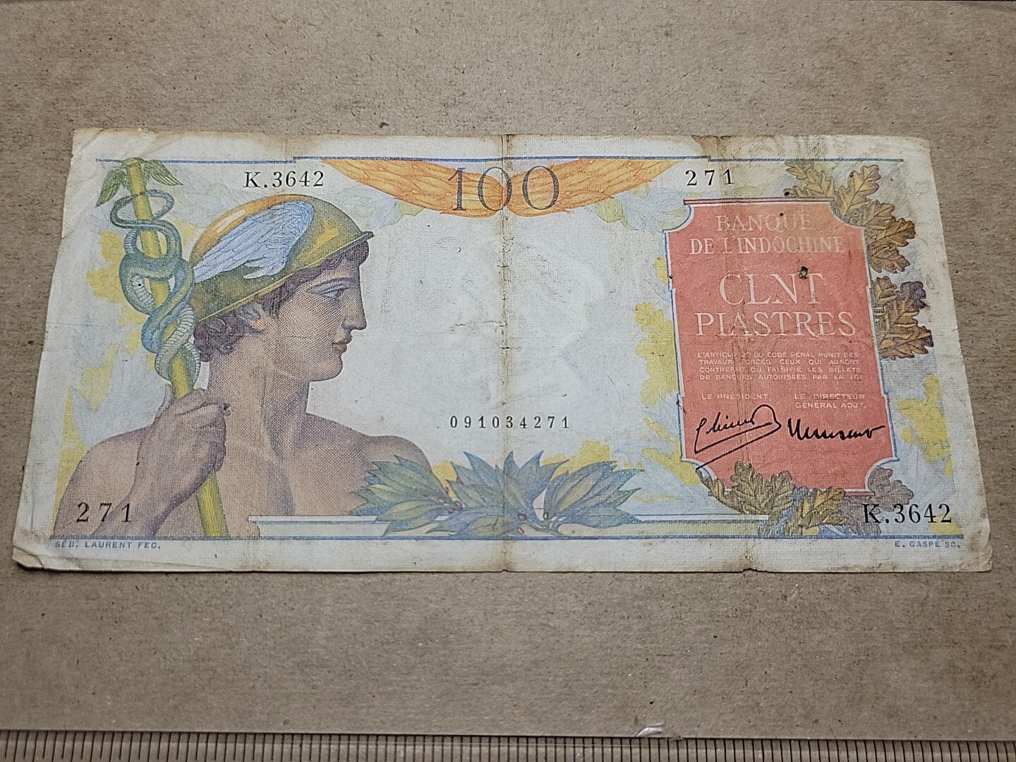 🌏 French Indochina Vietnam 100 piastre 1949 P-82 P-82b Type 2 Banknote 012024-2