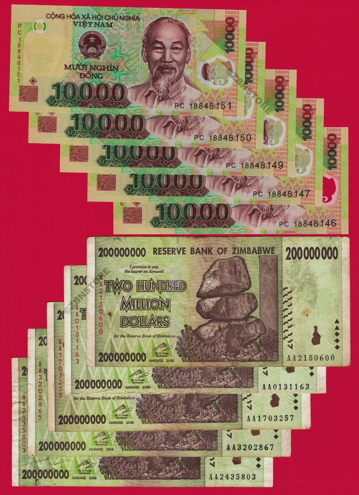 5 x 200 Million Dollars Zimbabwe AA 2008 + 5 x 10,000 Vietnam Dong VND Banknotes