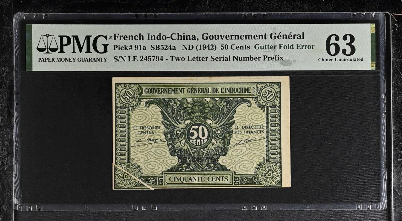 French Indochina P-91a 50 Cents 1942 PMG 63 Gutter Fold Error