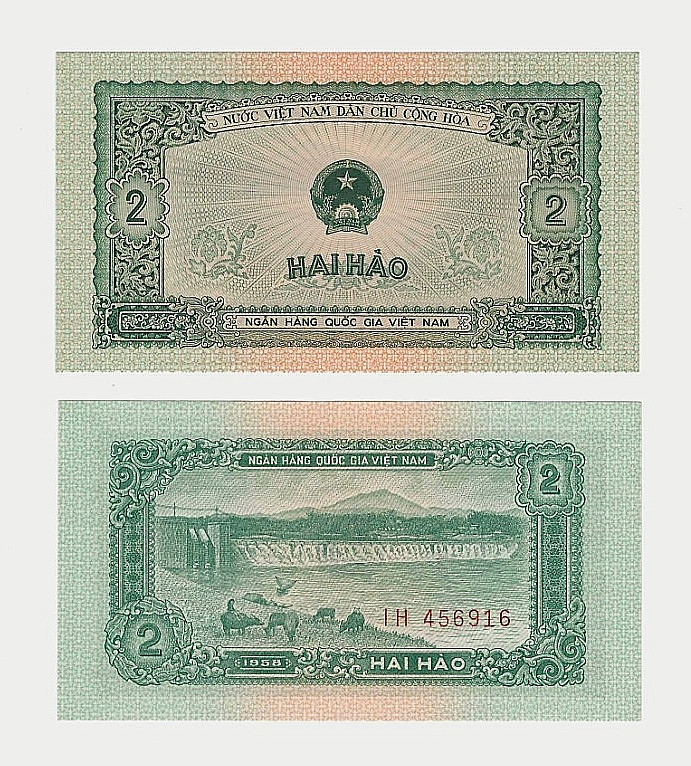 VIETNAM 2 HAO P-69 1958 x 1 Pcs UNC BUFFALO DAM VIETNAMESE EMBLEM BILL BANK NOTE