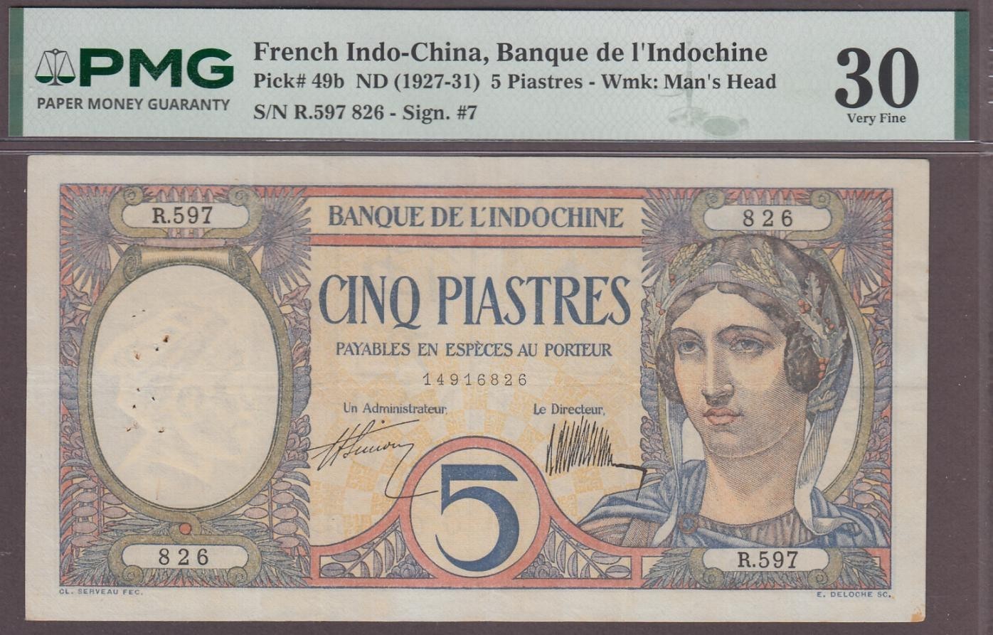 French Indochina 5 Piastres Banknote P-49b ND (1927-31) PMG 30