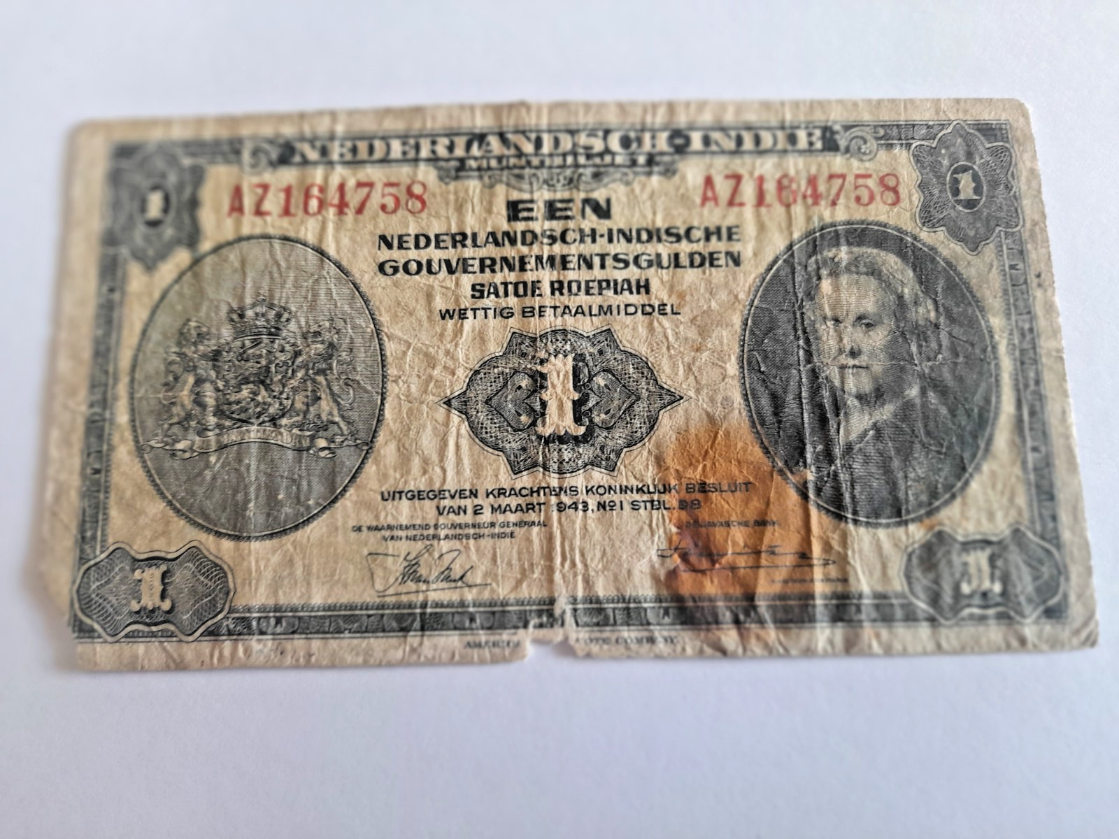 Rare 1943 Dutch Indies – Nederlandsch-Indische Gouvernmentsgulden banknote