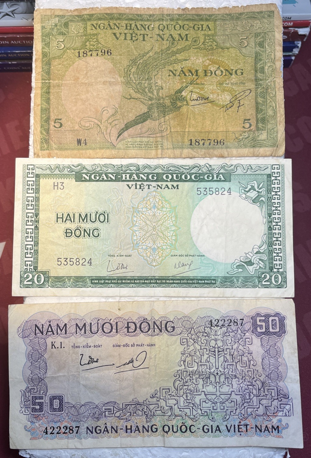 1956 – 1966 Vietnam 5, 20 & 50 Dong Circulated Paper Banknotes Lot Of 3