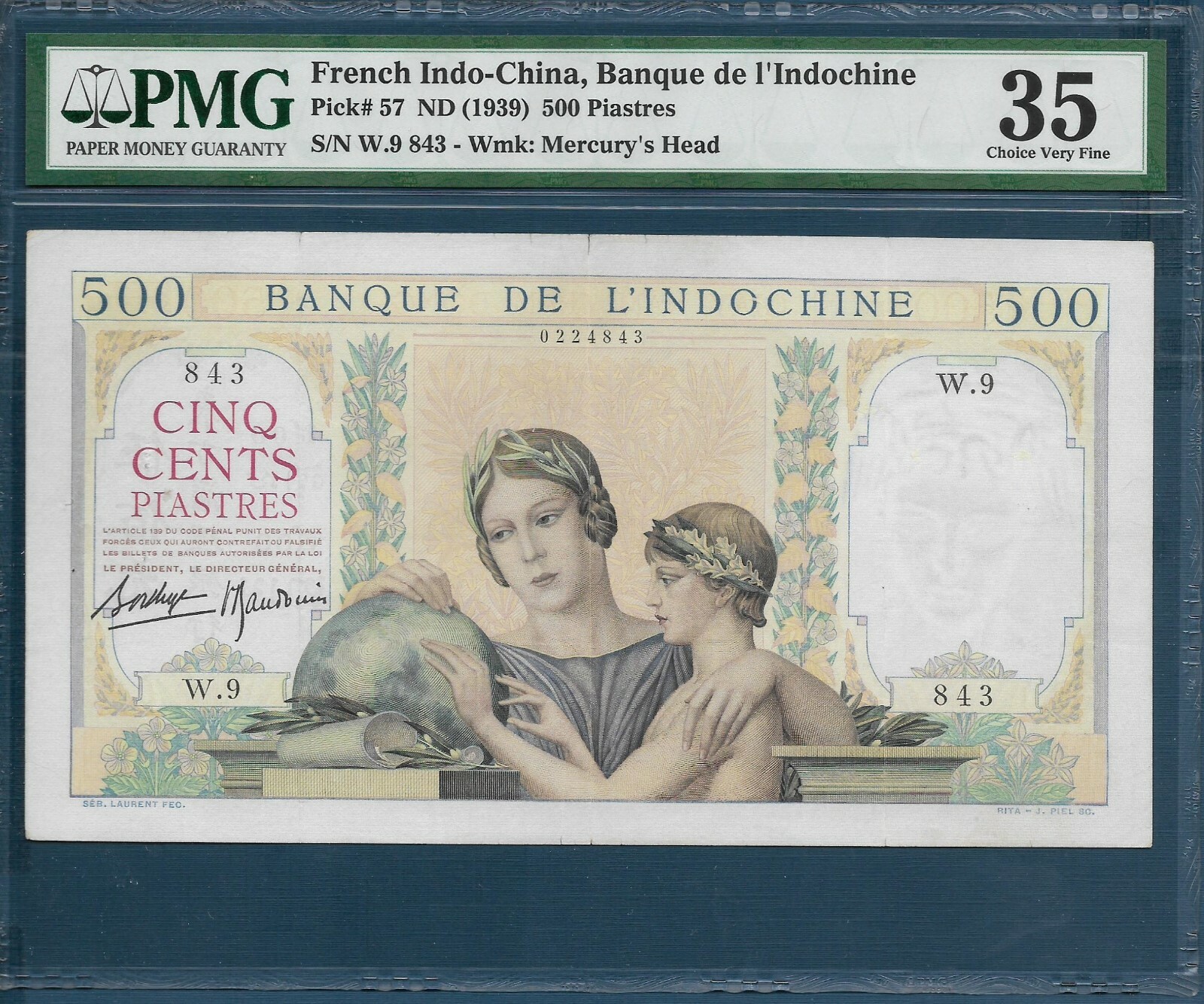 French Indochina Vietnam 500 Piastres, 1939, P 57, PMG VF 35