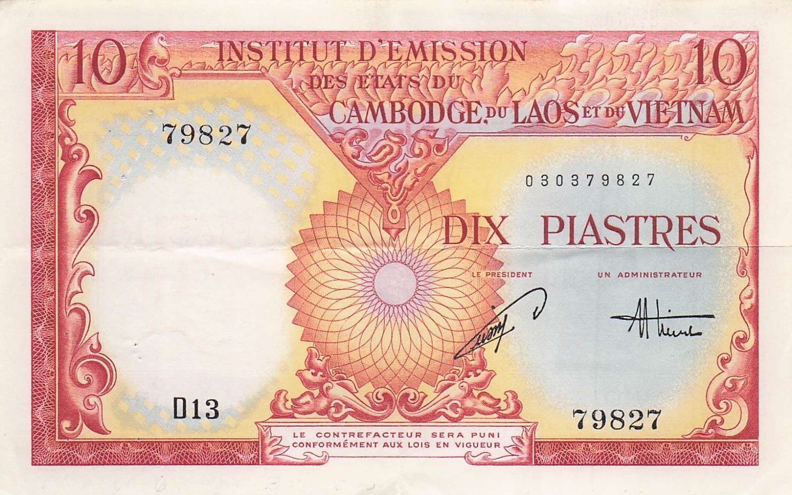 Cambodia /Lao/Vietnam 10 Piastres ND. 1953 Series D13 Circulated Banknotes G39