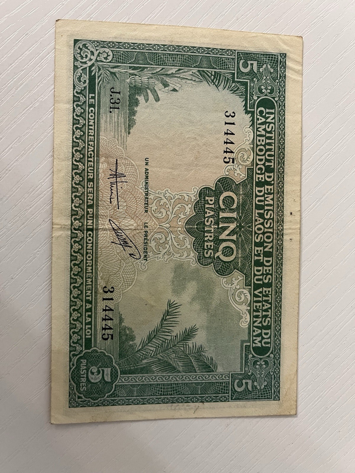 1953 FRENCH INDO-CHINA (VN) 5 Piastres note