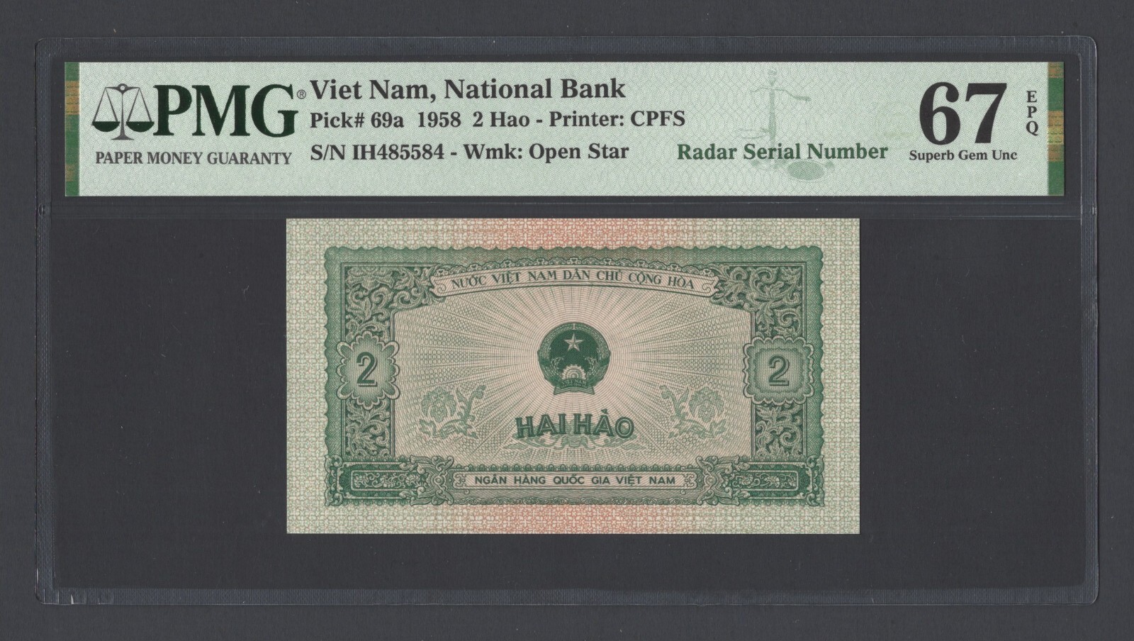Viet Nam 2 Hao 1958 P69a “Radar S/N 485584” Uncirculated Grade 67