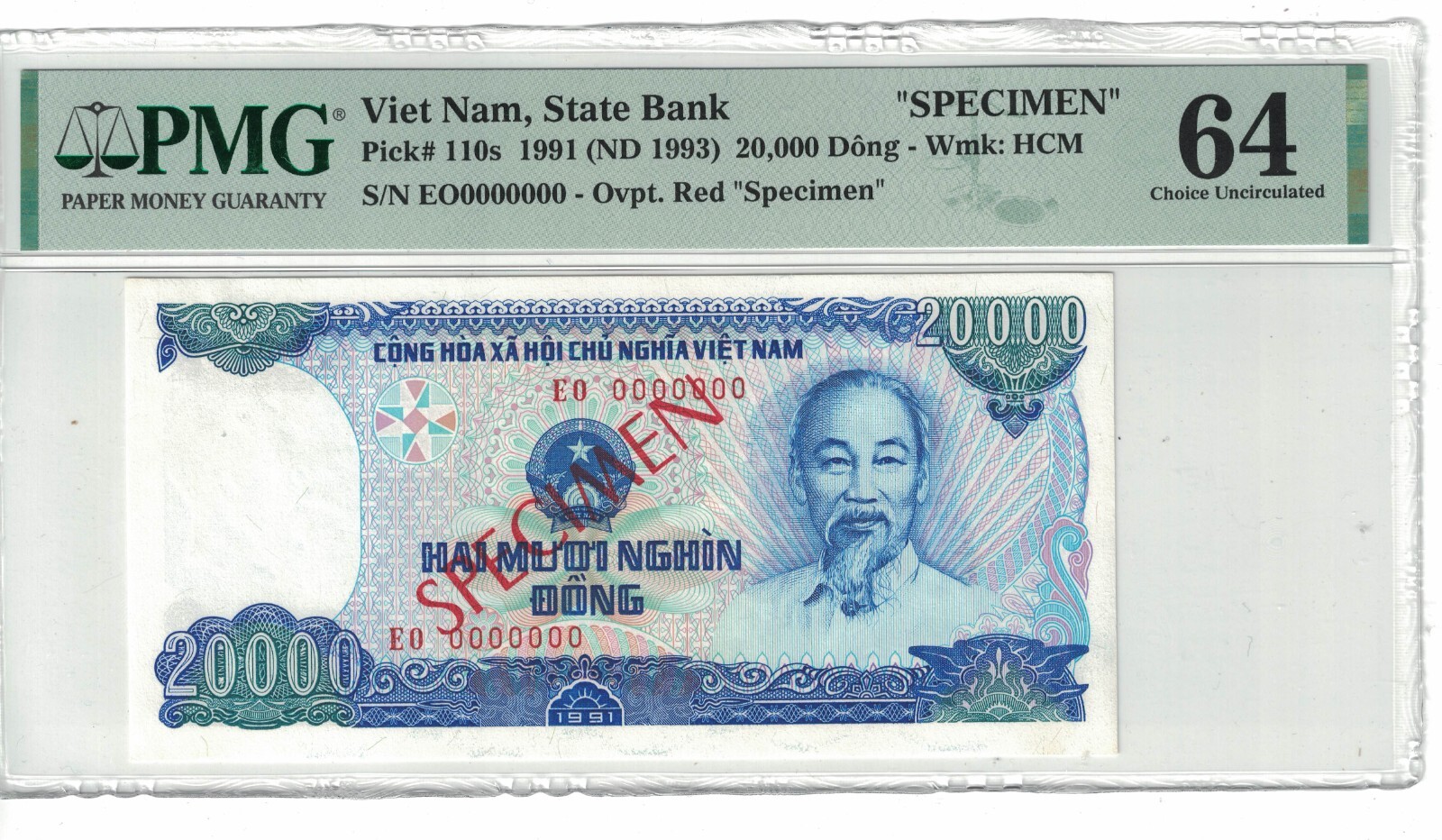 VIETNAM – SPECIMEN 20,000 DONG 1991 PICK# 110s PMG: 64 UNC. #PL2004