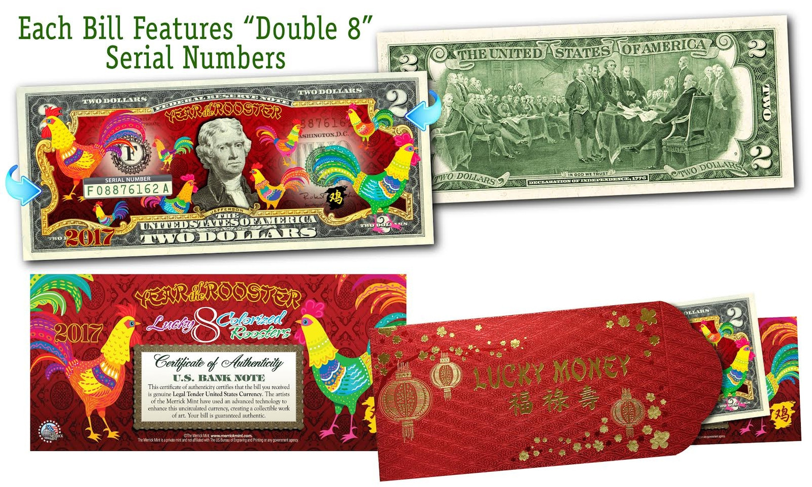 2017 CNY YEAR OF THE ROOSTER Polychromatic US $2 Bill – DOUBLE 8 SERIAL Ltd 300
