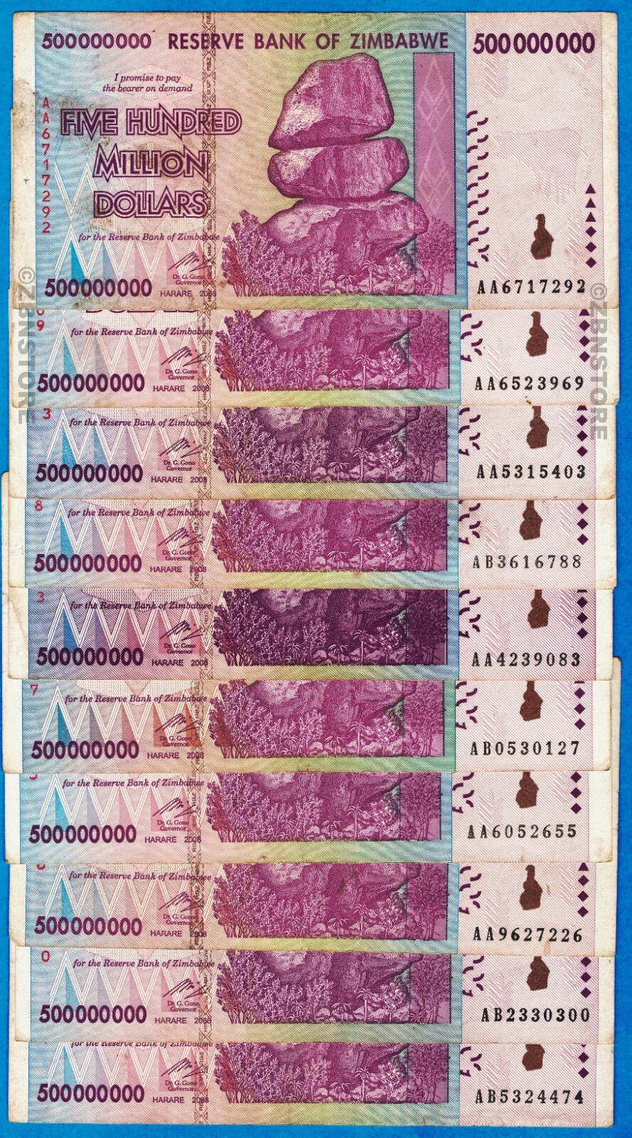10 x 100 Million Zimbabwe Dollars Banknotes AA 2008 + 5 x 500 Iraq Dinars 2018