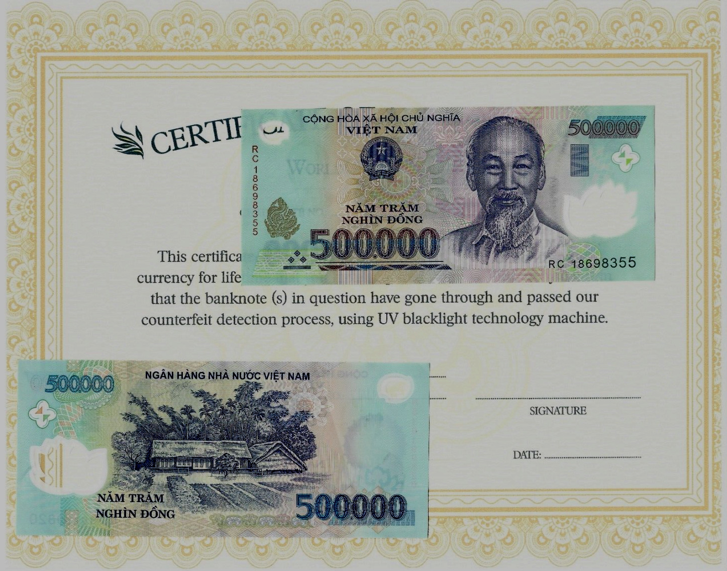 VIETNAM 500,000 DONG P-124 2018 x 1 Pcs POLYMER UNC 500000 MONEY BANK NOTE COA