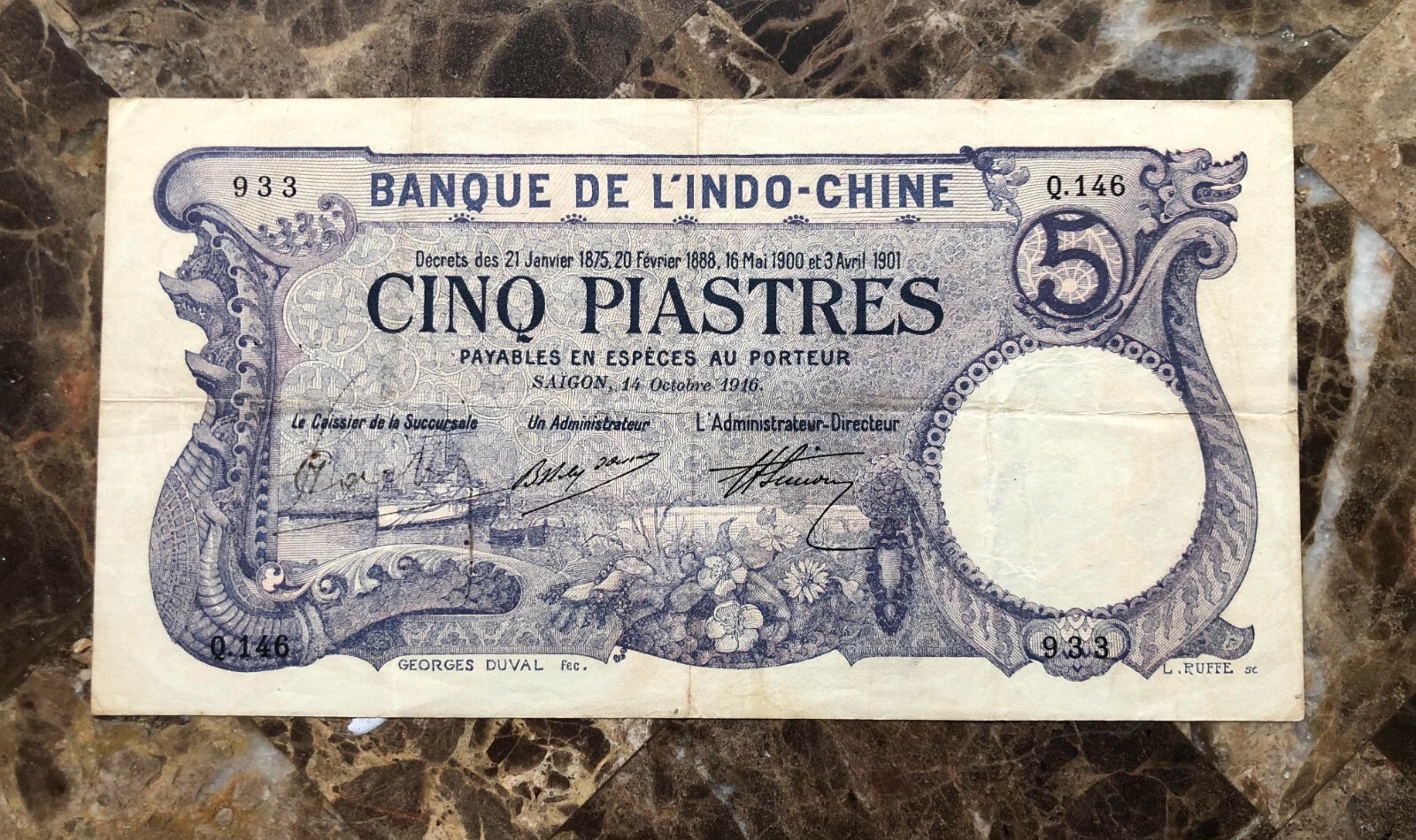 French Indochina 5 Piastres 1910-1916 (ND) Banknote P-37b. Legacy VF-30. Rare!