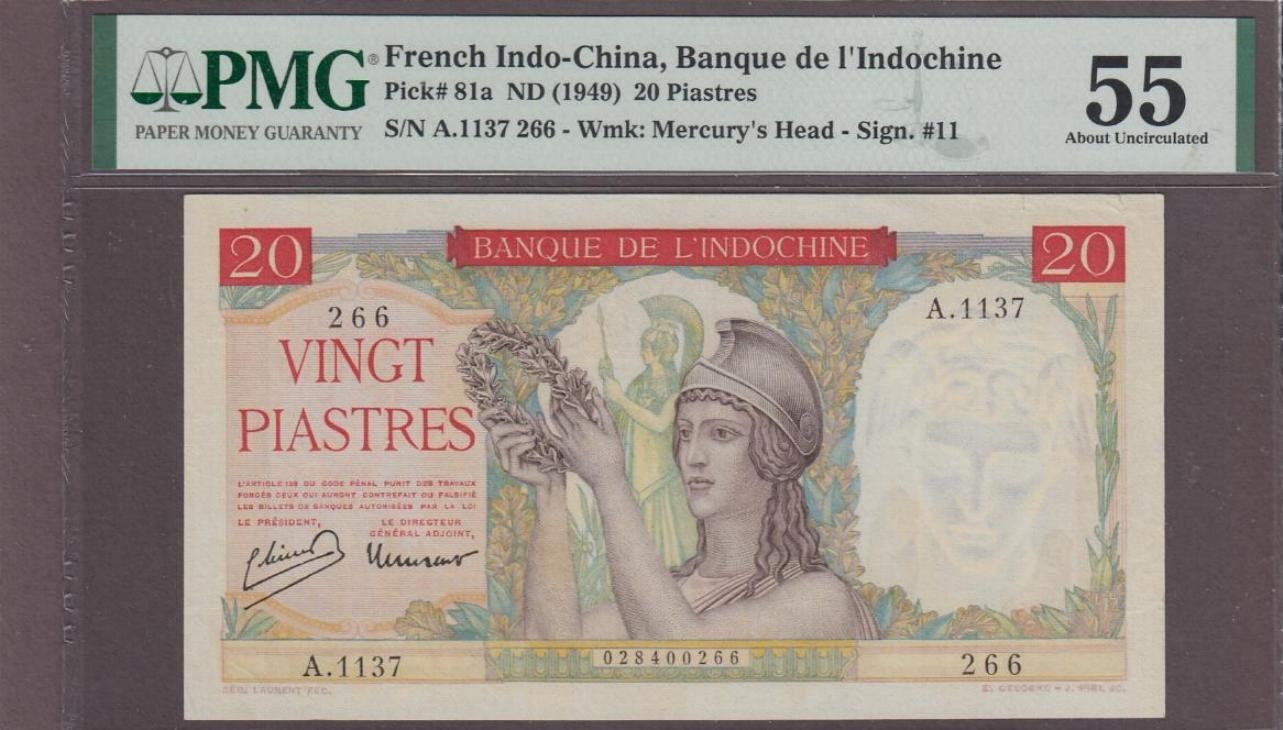 French Indochina 20 Piastres Banknote P-81a ND (1949) PMG 55