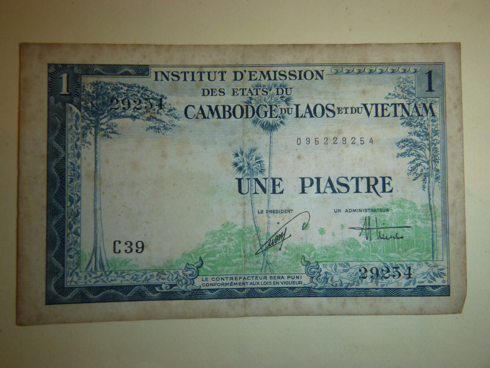 1953 Bank Note – ONE PIASTRE – LAOS – CAMBODIA – French Vietnam War – C.399