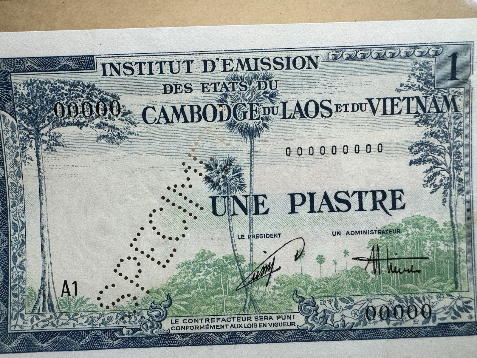 1 Piastre Indochine Banknotes Specimen P-105s 1954 Original Vintage_LDP Shop.