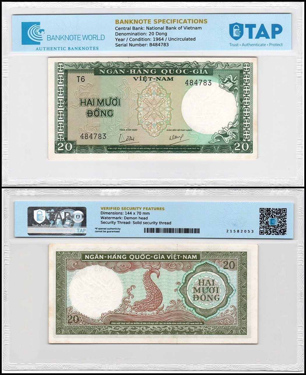 South Vietnam 20 Dong, 1964 ND, P-16, UNC, Authenticated Banknote
