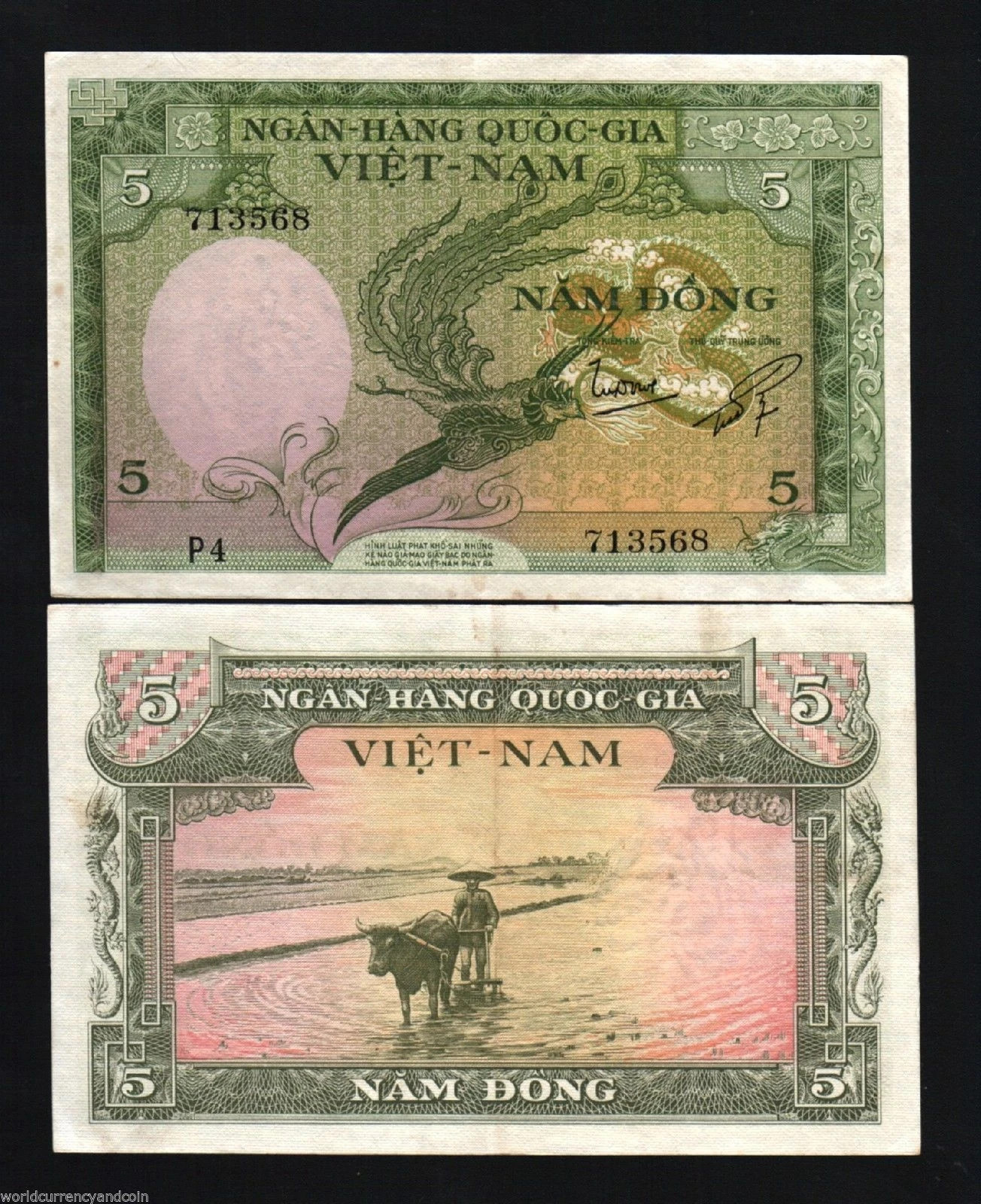 SOUTH VIETNAM 5 DONG P-2 1955 x 100 Pcs Lot BUNDLE Dragon BUFFALO RICEFIELD NOTE