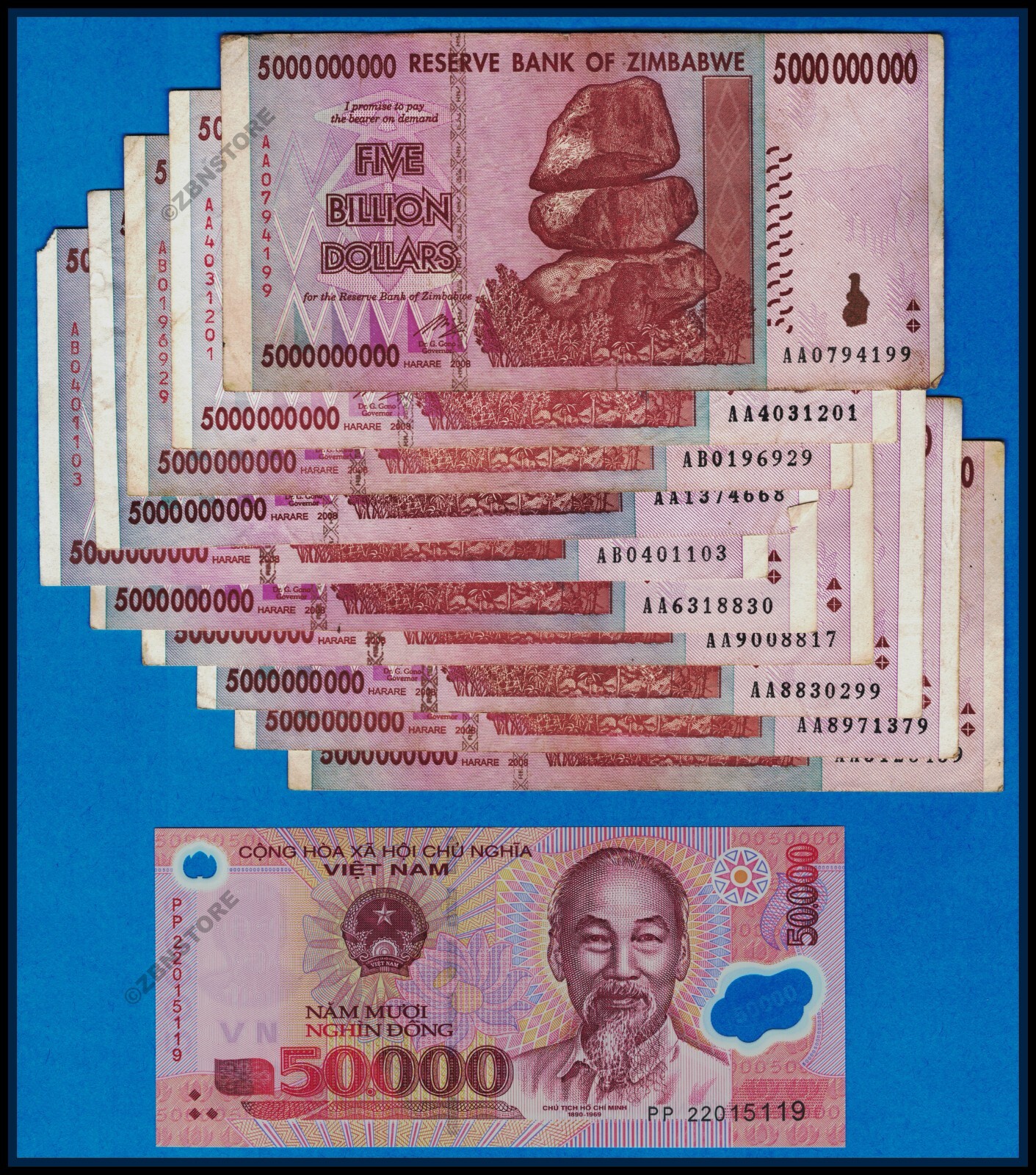 10 x 5 Billion Zimbabwe Dollars + 1 x 50,000 Vietnam Dong Banknotes VND Currency