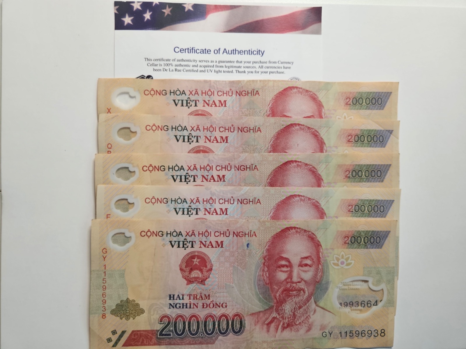 5 x 200,000 VIETNAM DONG 1 million DONG per purchase USA SHIPPER with COA
