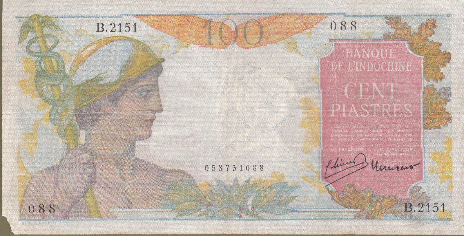 1947-54 French Indochina/Vietnam 100 Piastre VF Bank Note P# 82a.