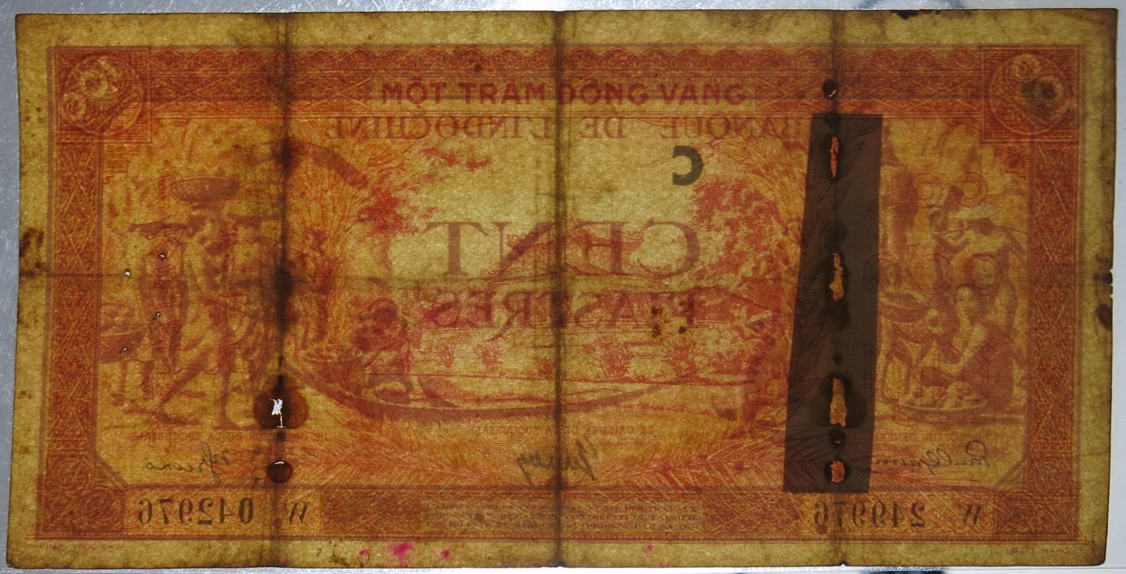French Indochina 1942. 100 Piastres Lot of 2 Notes Different Colors Low grade.