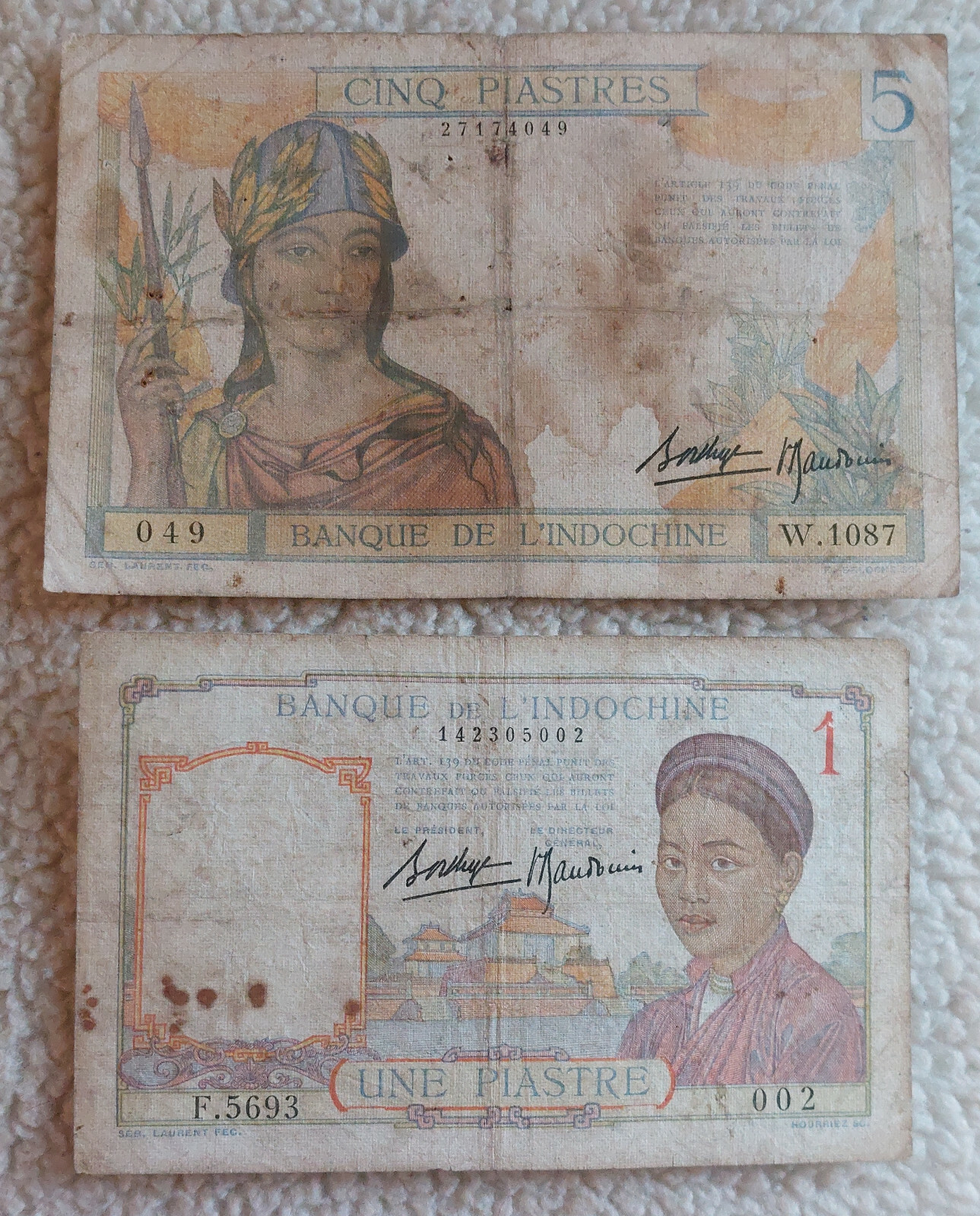 French Indo-china 2 Note Lot: 1949 5 + 1946 1 Piastre World Banknote Viet Nam