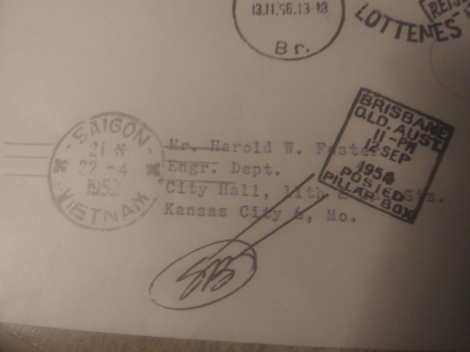 Saigon Vietnam 1956 Cover Oslo Kansas City Postal History Envelope