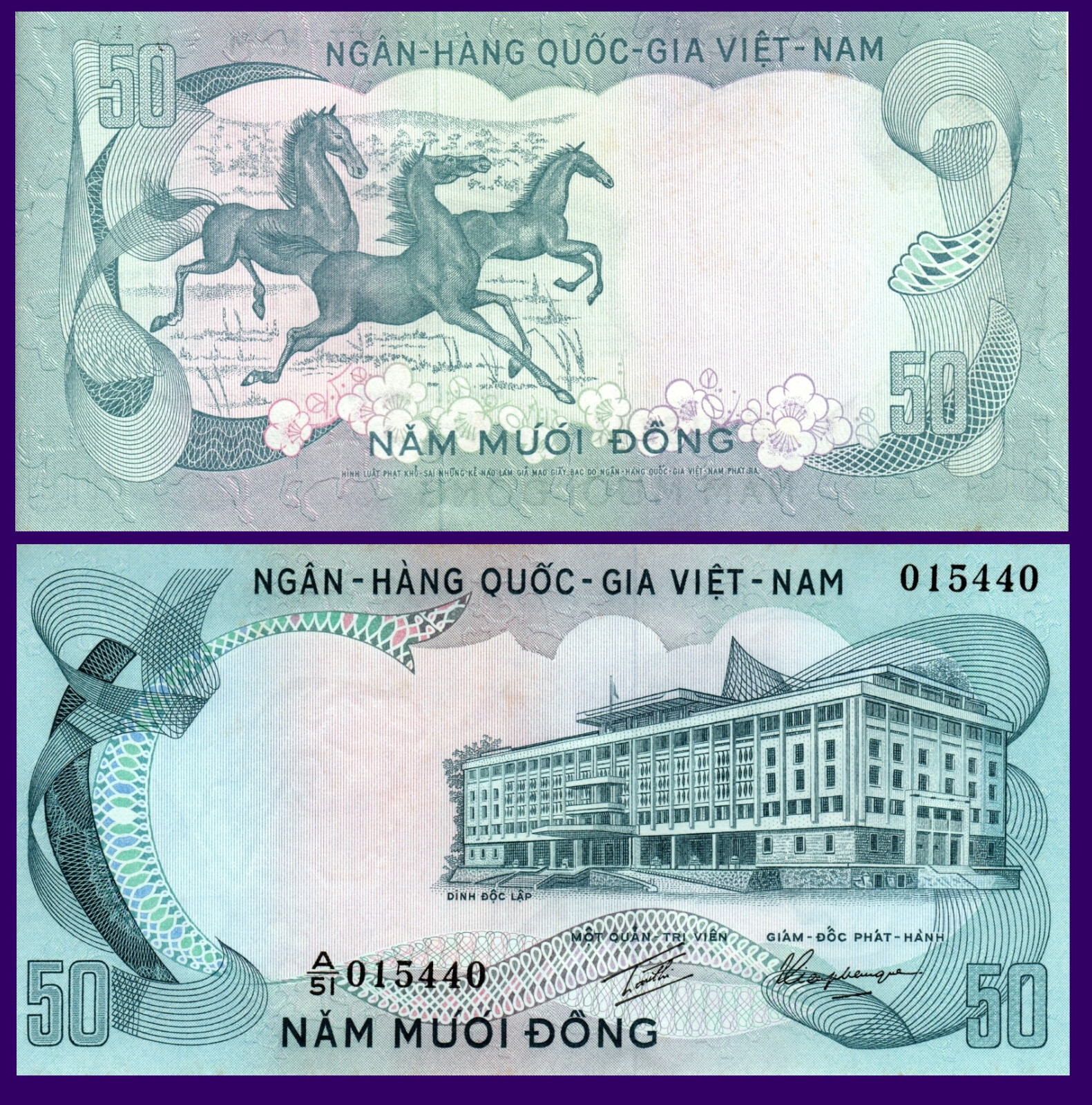 South Viet Nam P30a, 50 Dồng, galloping horses / palace (1972) De La Rue