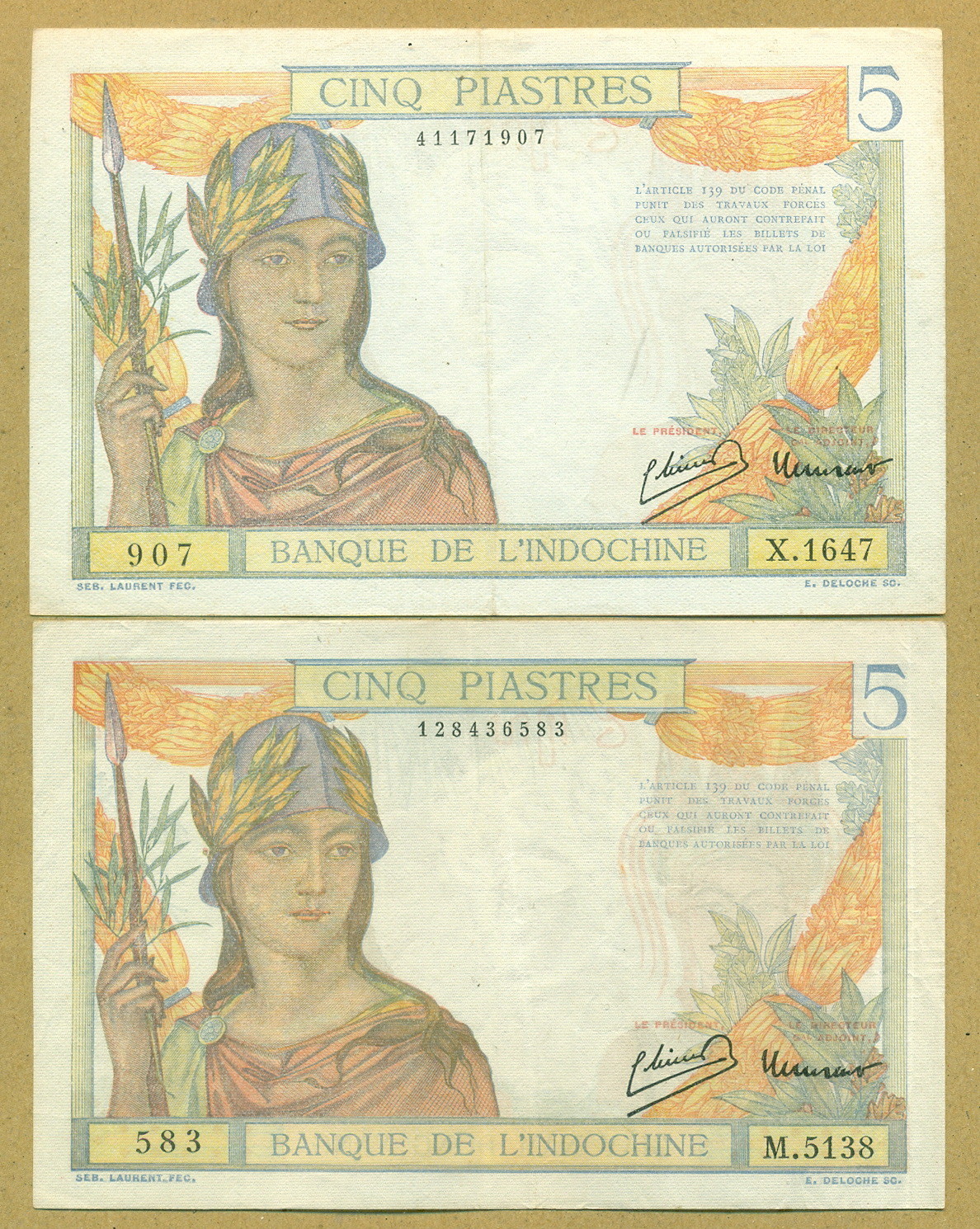 French Indochina 1946-49 5 Piastres P.55c&d Lao Text Type 1 & 2. High Grade