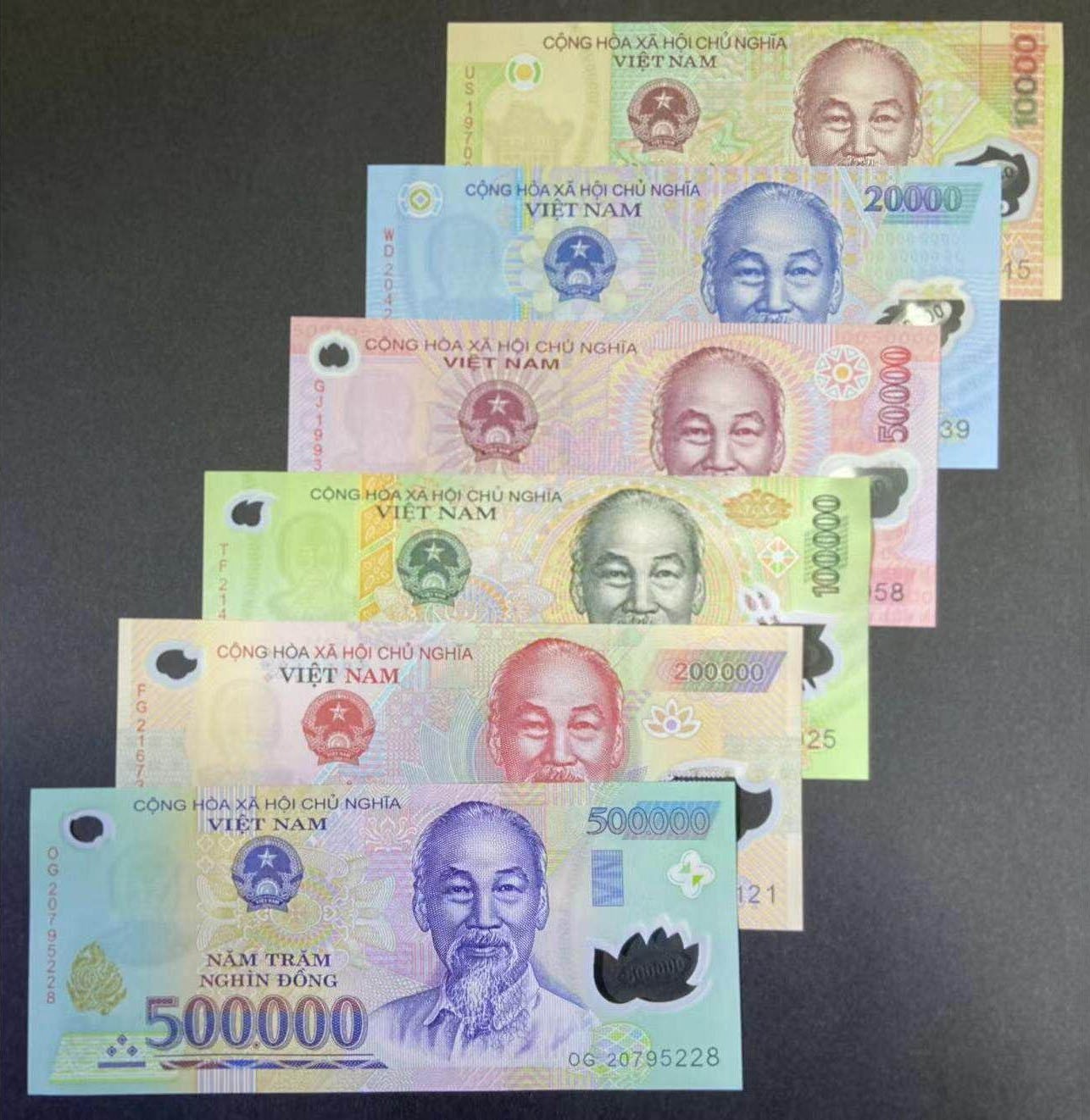 Vietnam 6pcs Set 10000 to 500000 Dong P 119-124 Clear Window Polymer Random Year